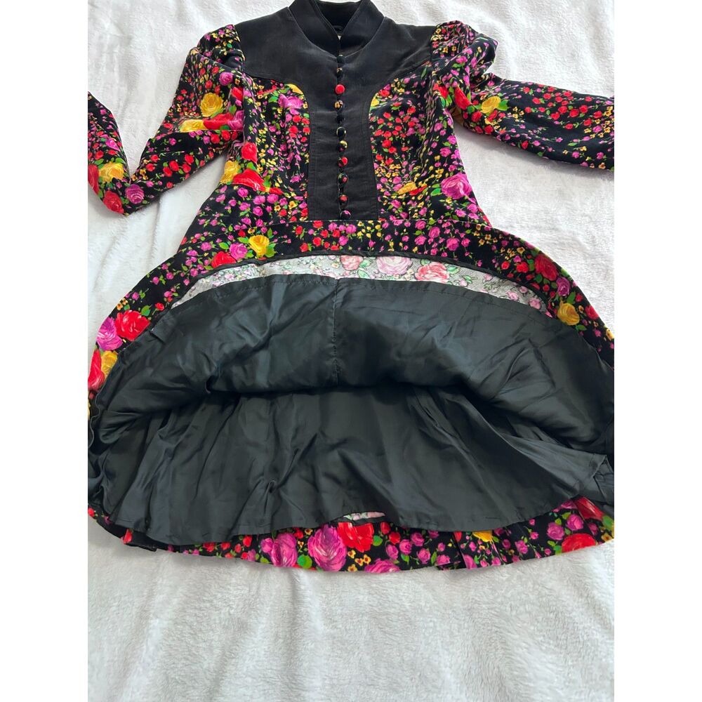 Vintage 70s Orphee Paris Floral Velvet Mini Dress XS Black French Mod Psych - Picture 12 of 16
